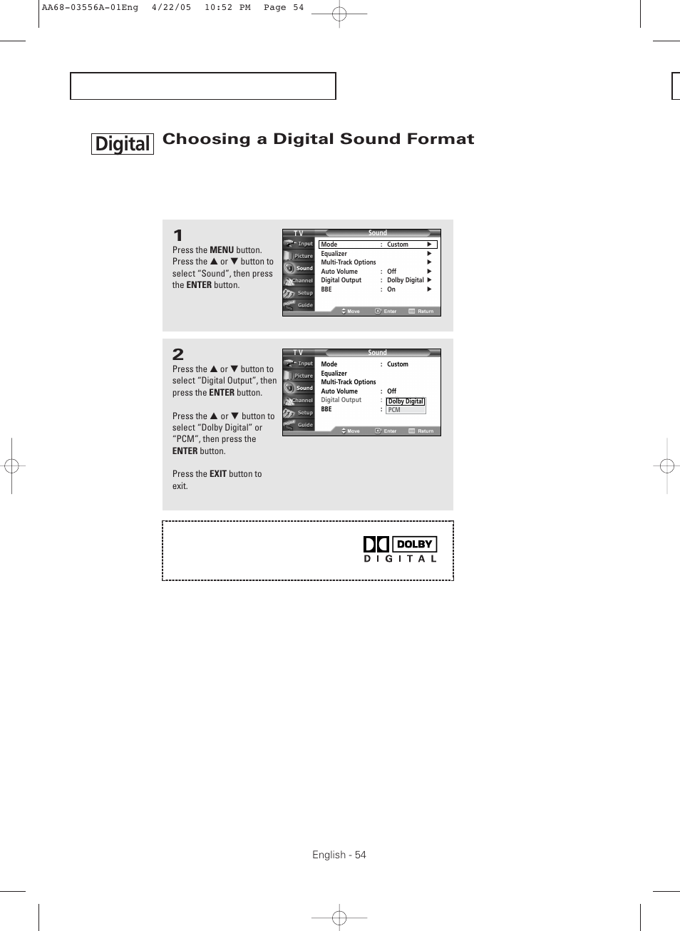 Choosing a digital sound format, Digital | Samsung TXR3079WHKXXAC User Manual | Page 54 / 80