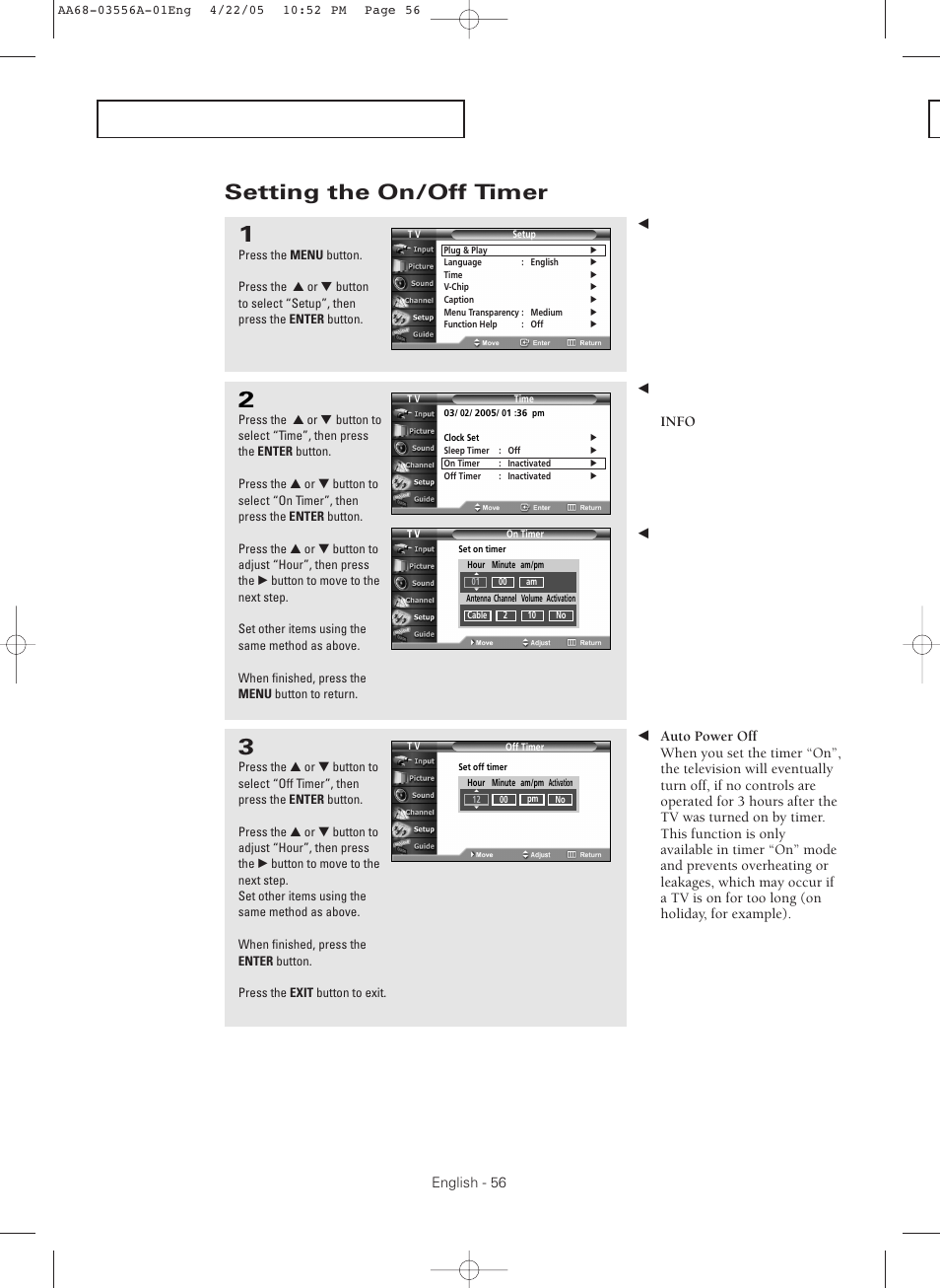 Setting the on/off timer | Samsung TXR3079WHKXXAC User Manual | Page 56 / 80