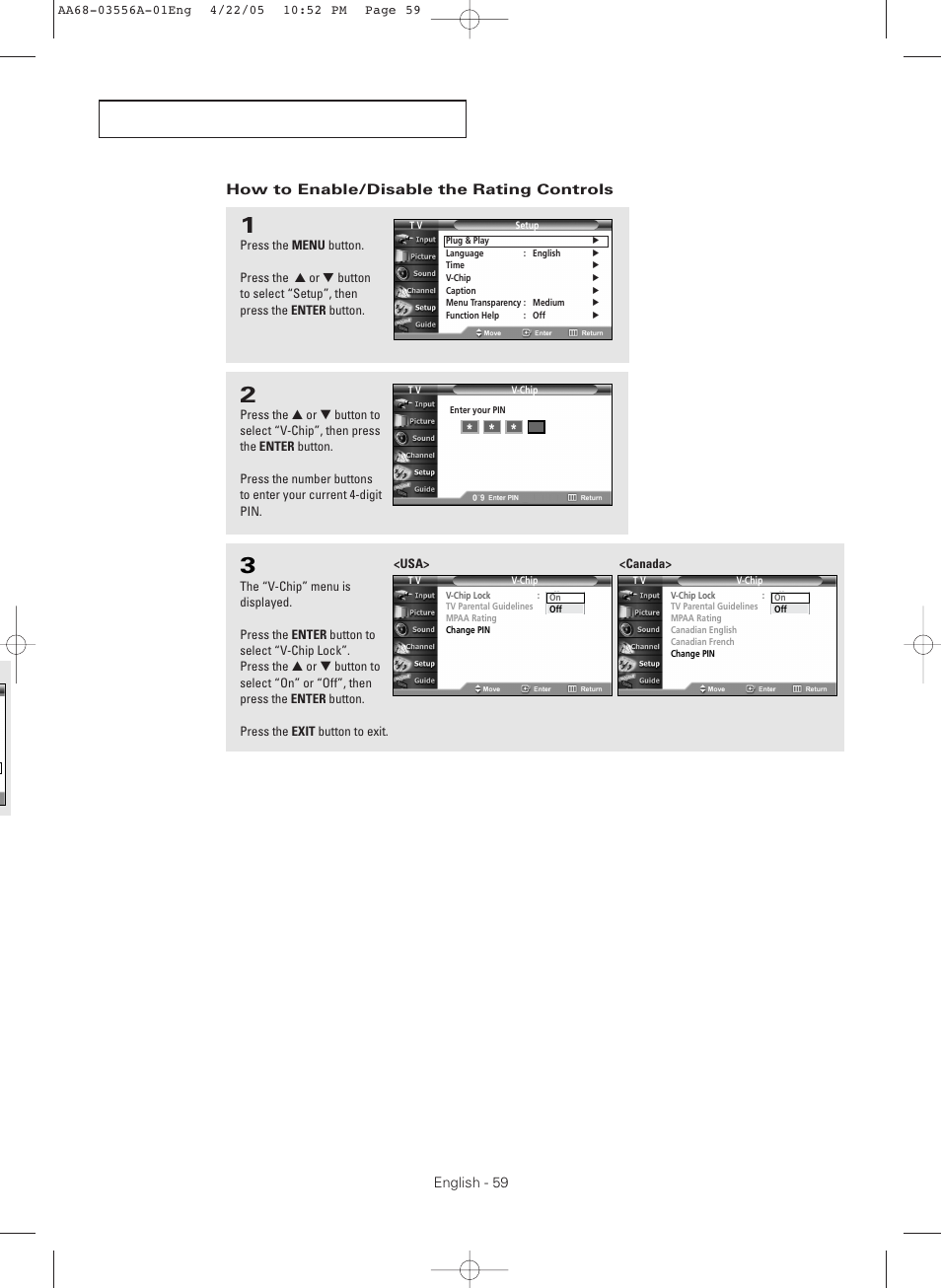 How to enable/disable the rating controls | Samsung TXR3079WHKXXAC User Manual | Page 59 / 80