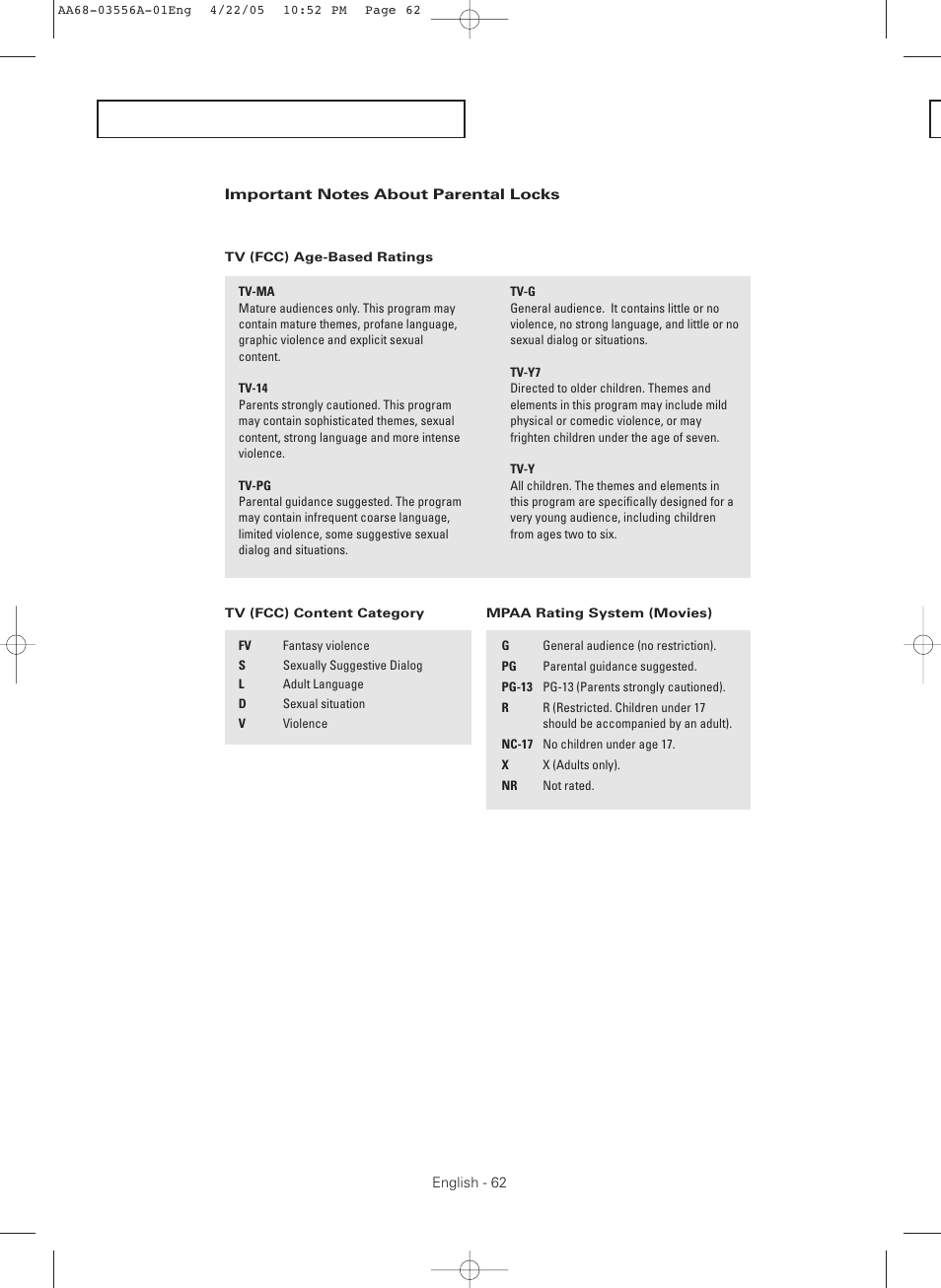 Important notes about parental locks | Samsung TXR3079WHKXXAC User Manual | Page 62 / 80
