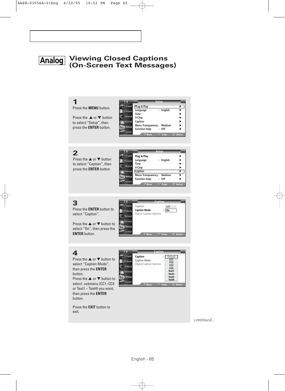 Viewing closed captions (on-screen text messages), Analog, Continued | Samsung TXR3079WHKXXAC User Manual | Page 65 / 80