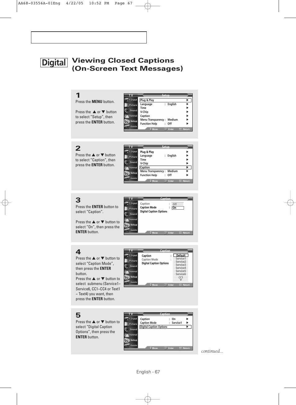 Viewing closed captions on-screen text messages), Digital, Viewing closed captions (on-screen text messages) | Continued | Samsung TXR3079WHKXXAC User Manual | Page 67 / 80