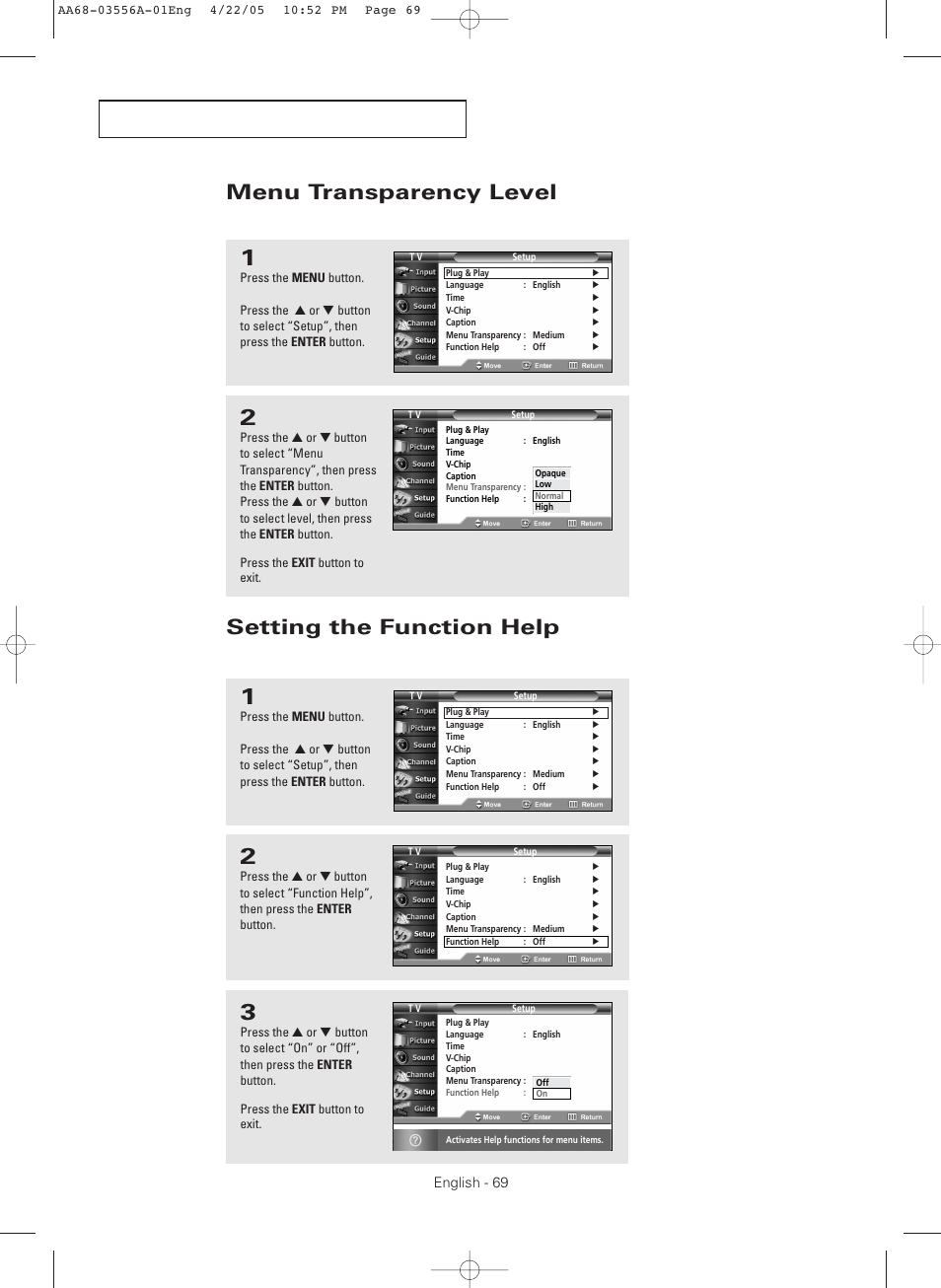 Menu transparency level, Setting the function help, Adjusts the transparency of the menu screen | Displays help on the menu functions | Samsung TXR3079WHKXXAC User Manual | Page 69 / 80