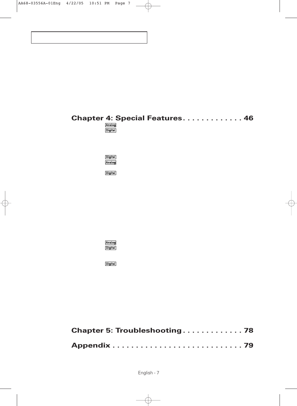 Chapter 4: special features, Chapter 5: troubleshooting, Appendix | Samsung TXR3079WHKXXAC User Manual | Page 7 / 80