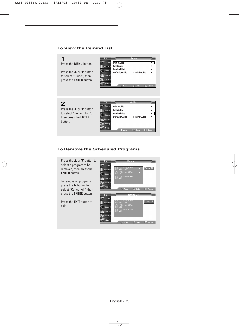 To view the remind list, To remove the scheduled programs | Samsung TXR3079WHKXXAC User Manual | Page 75 / 80