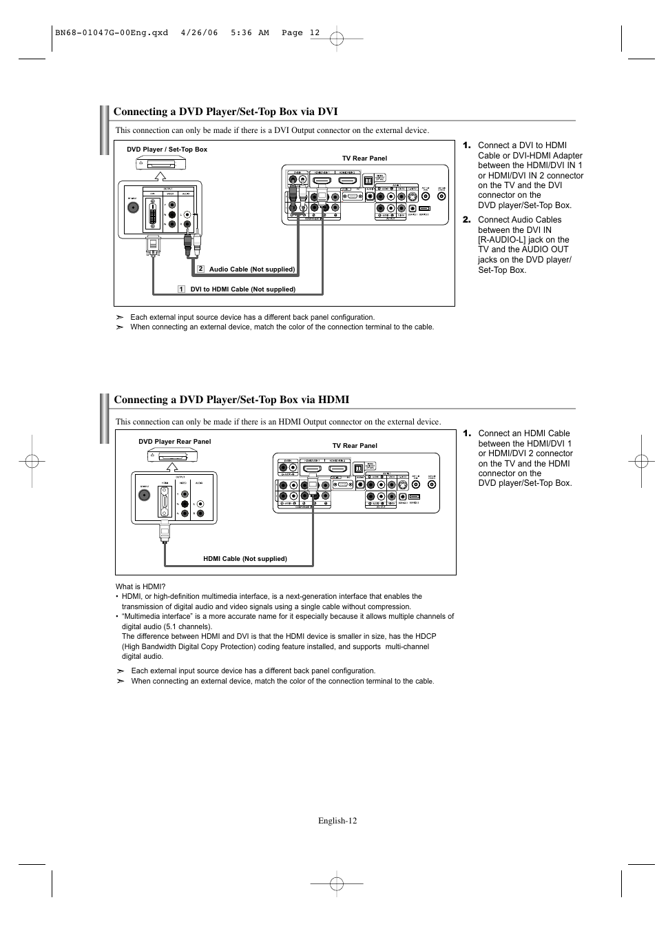 Connecting a dvd player/set-top box via dvi, Connecting a dvd player/set-top box via hdmi | Samsung LNS5797DX-XAA User Manual | Page 14 / 302