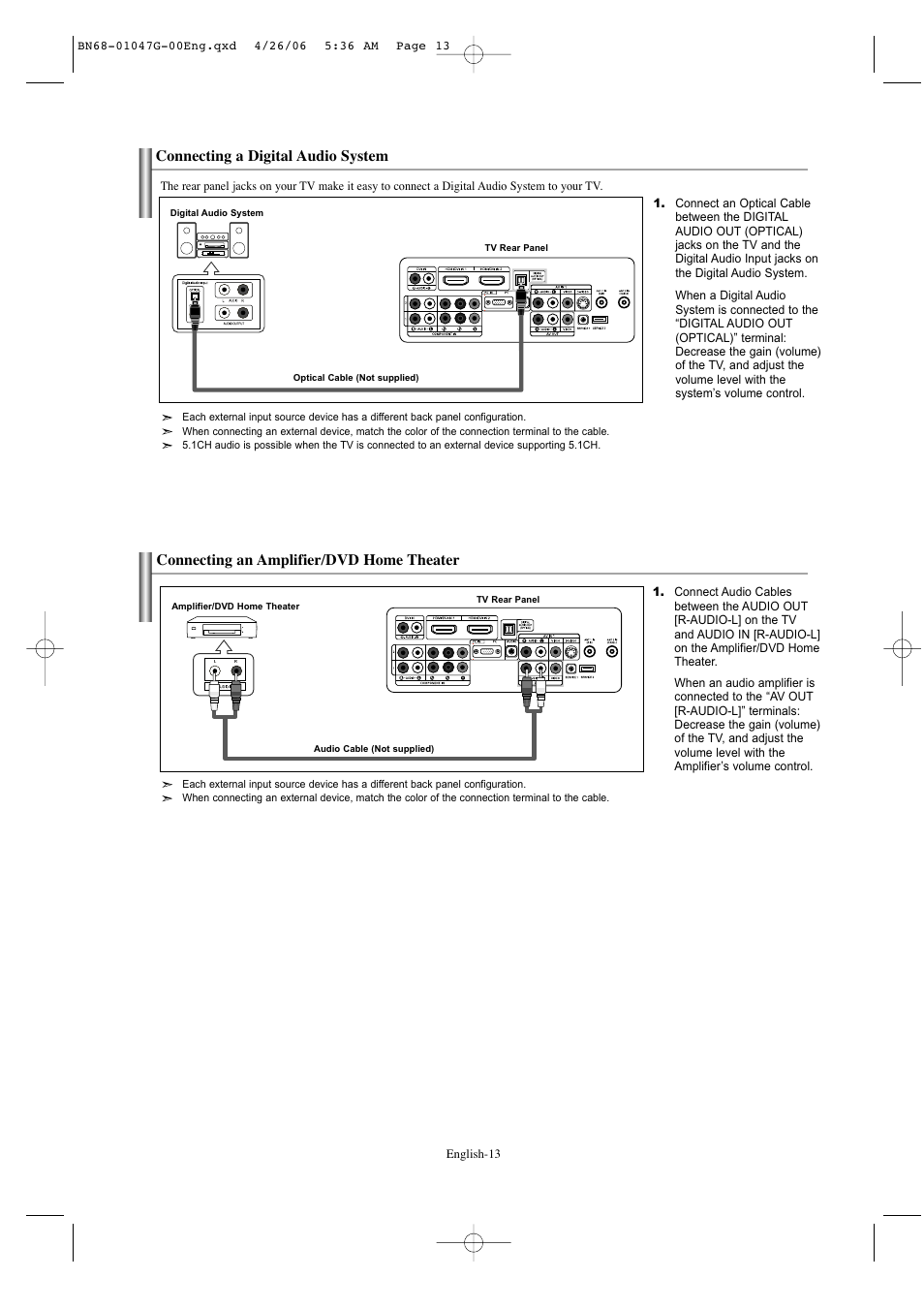 Connecting a digital audio system, Connecting an amplifier/dvd home theater | Samsung LNS5797DX-XAA User Manual | Page 15 / 302