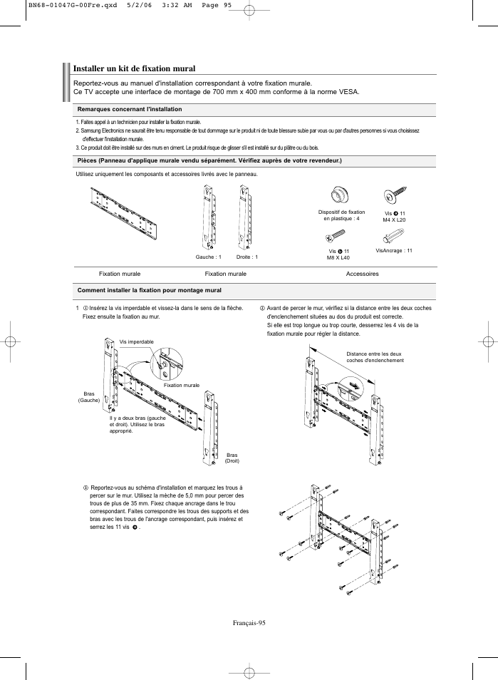 Installer un kit de fixation mural | Samsung LNS5797DX-XAA User Manual | Page 197 / 302