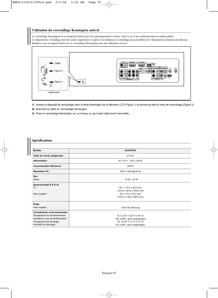Utilisation du verrouillage kensington antivol, Spécifications | Samsung LNS5797DX-XAA User Manual | Page 199 / 302