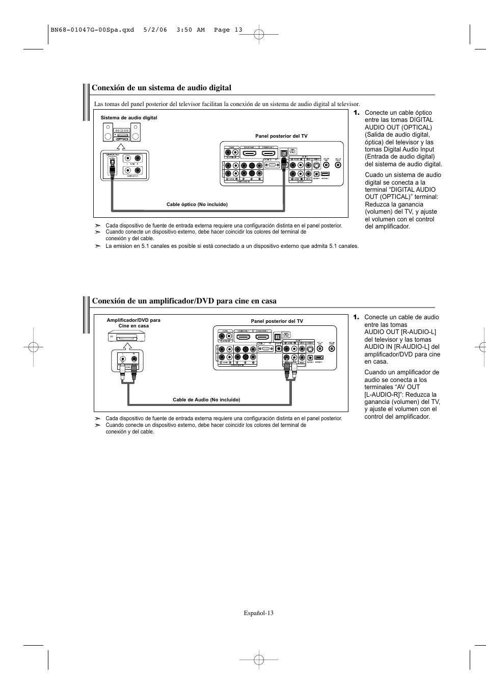 Conexión de un sistema de audio digital, Conexión de un amplificador/dvd para cine en casa | Samsung LNS5797DX-XAA User Manual | Page 215 / 302