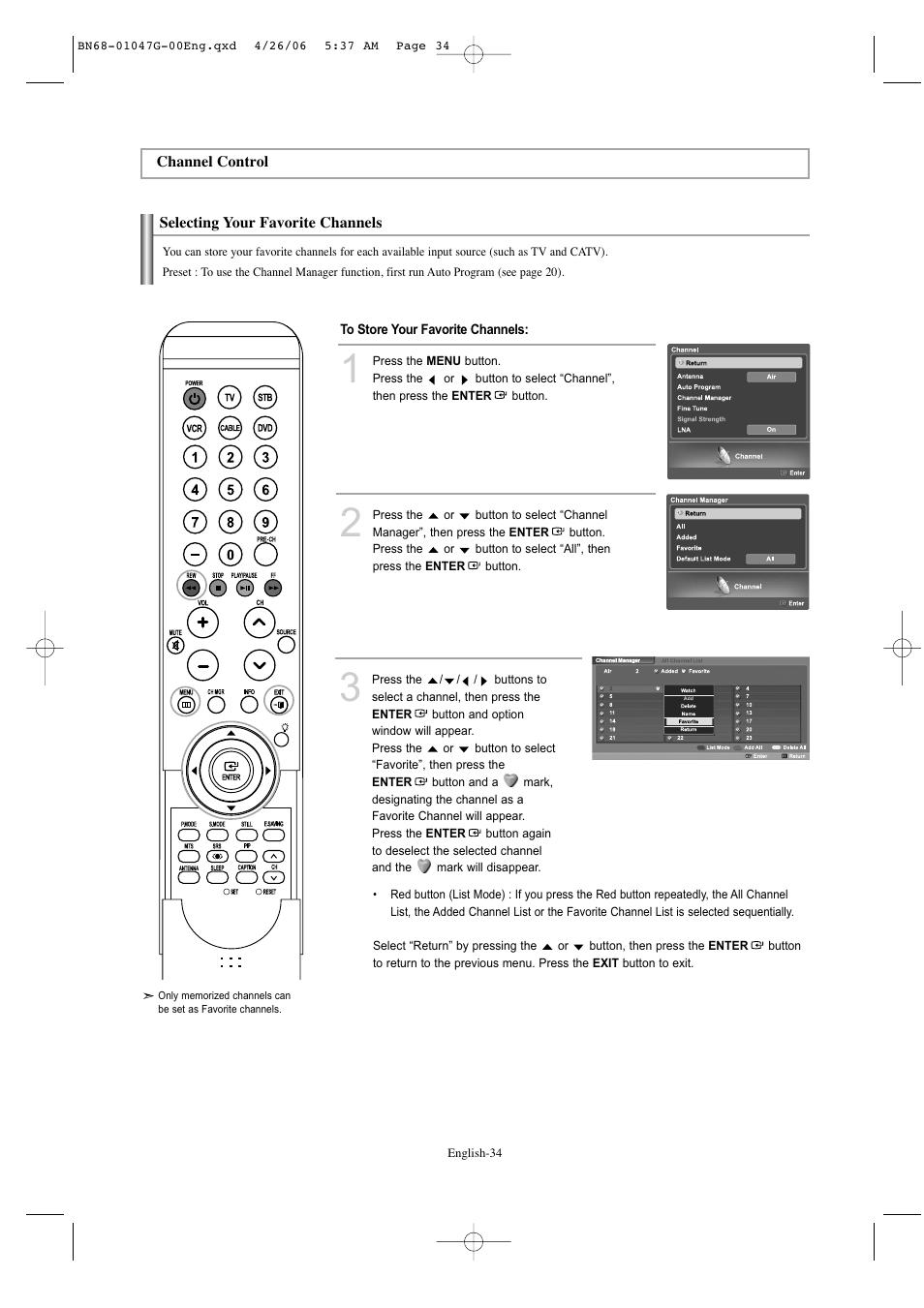 Channel control, Selecting your favorite channels | Samsung LNS5797DX-XAA User Manual | Page 36 / 302