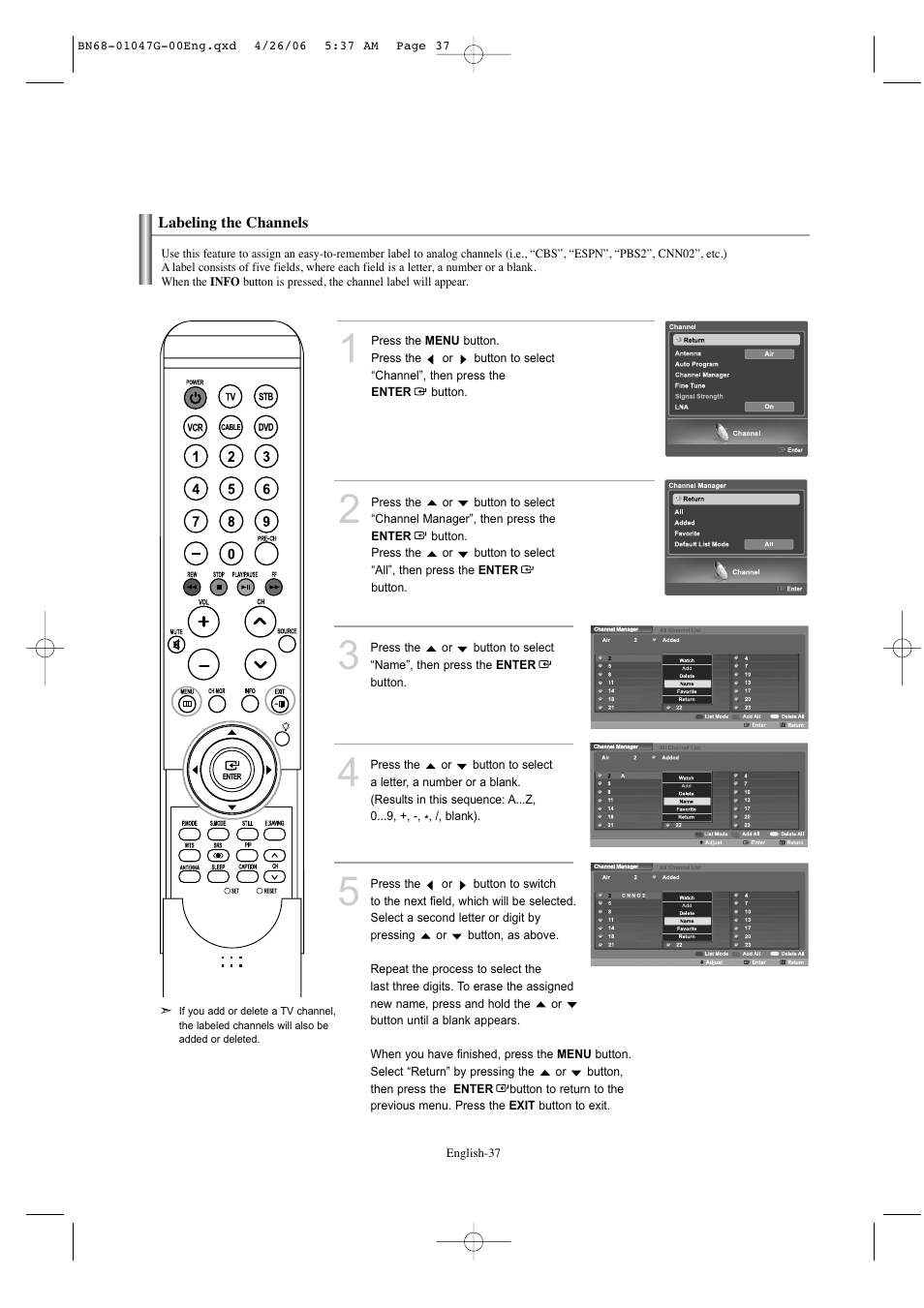 Labeling the channels | Samsung LNS5797DX-XAA User Manual | Page 39 / 302