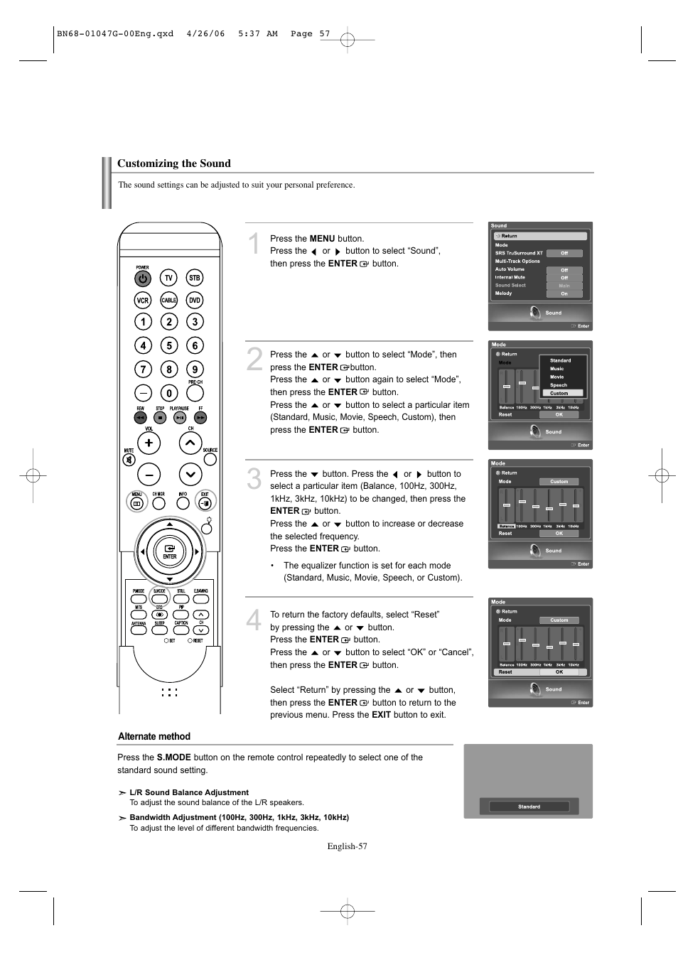Customizing the sound | Samsung LNS5797DX-XAA User Manual | Page 59 / 302