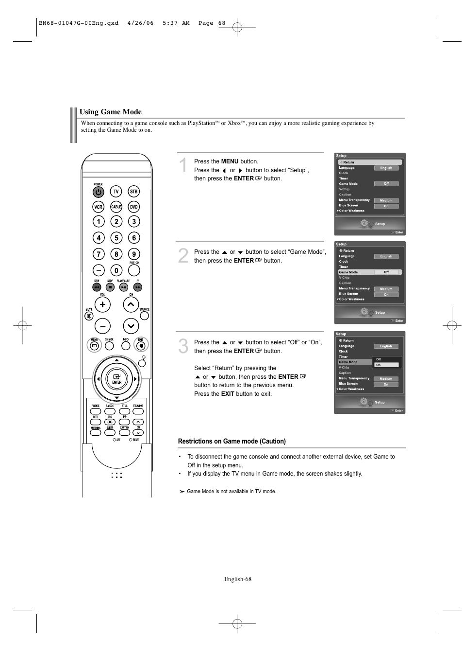 Using game mode | Samsung LNS5797DX-XAA User Manual | Page 70 / 302
