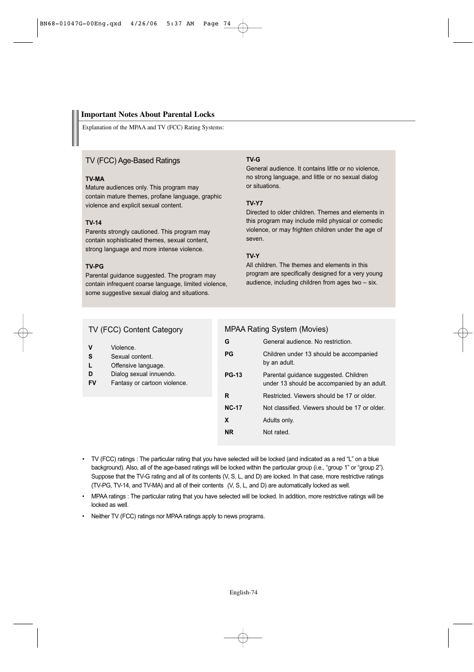 Important notes about parental locks | Samsung LNS5797DX-XAA User Manual | Page 76 / 302