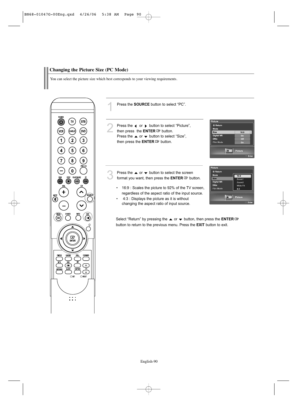 Changing the picture size (pc mode) | Samsung LNS5797DX-XAA User Manual | Page 92 / 302