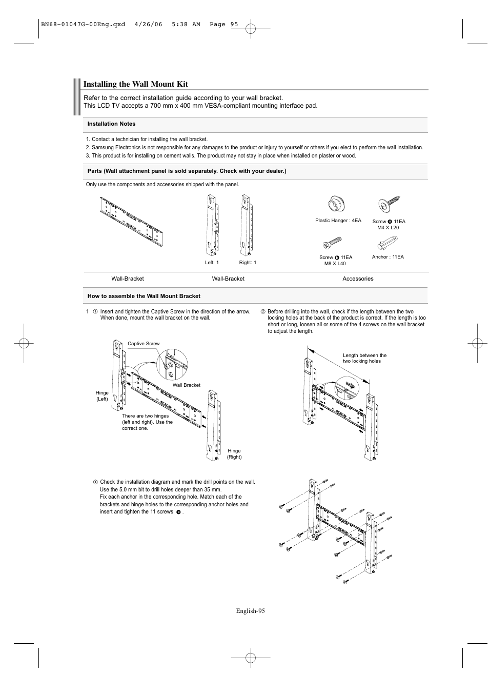 Installing the wall mount kit | Samsung LNS5797DX-XAA User Manual | Page 97 / 302