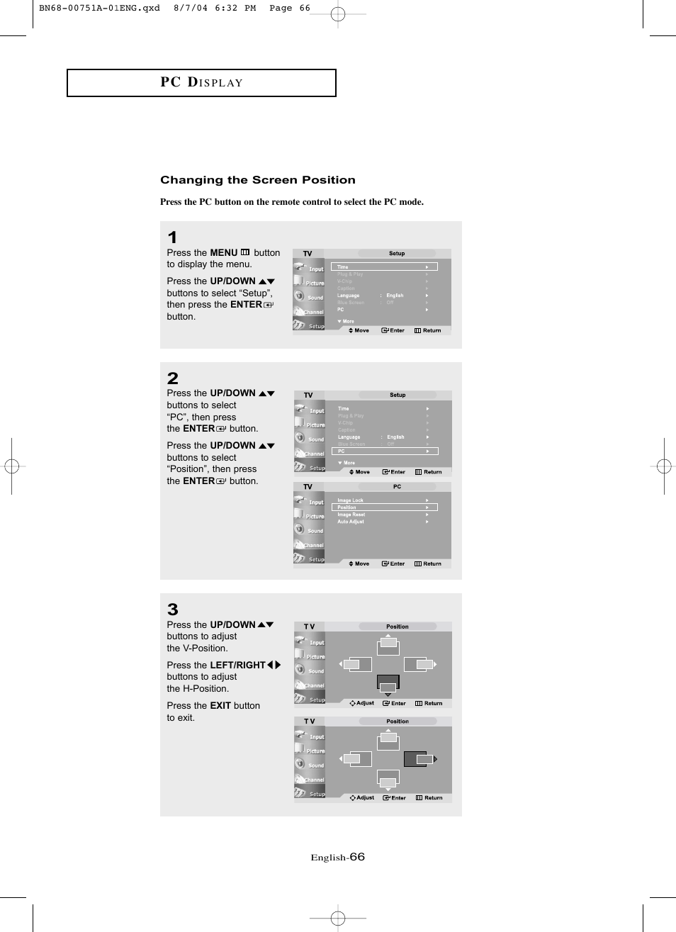 Changing the screen position, Pc d | Samsung LNP267WX-XAA User Manual | Page 72 / 79