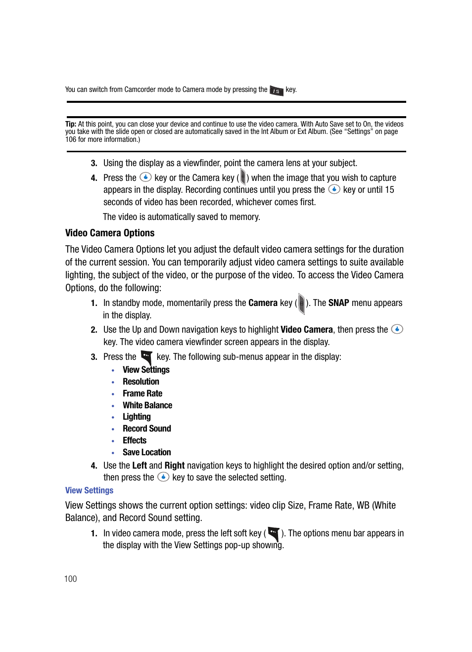 Video camera options, View settings | Samsung SPH-A503ZKASKE User Manual | Page 100 / 176