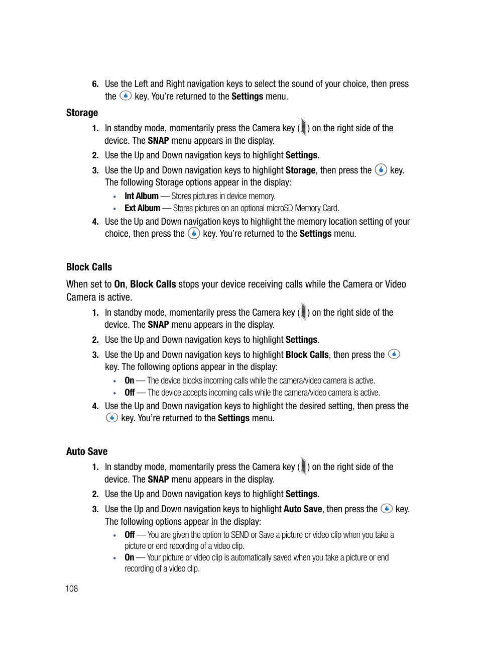 Storage, Block calls, Auto save | Samsung SPH-A503ZKASKE User Manual | Page 108 / 176