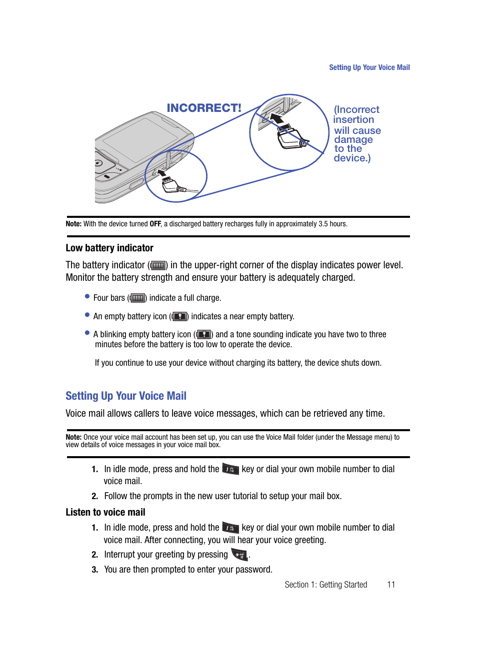 Low battery indicator, Setting up your voice mail, Listen to voice mail | Incorrect | Samsung SPH-A503ZKASKE User Manual | Page 11 / 176