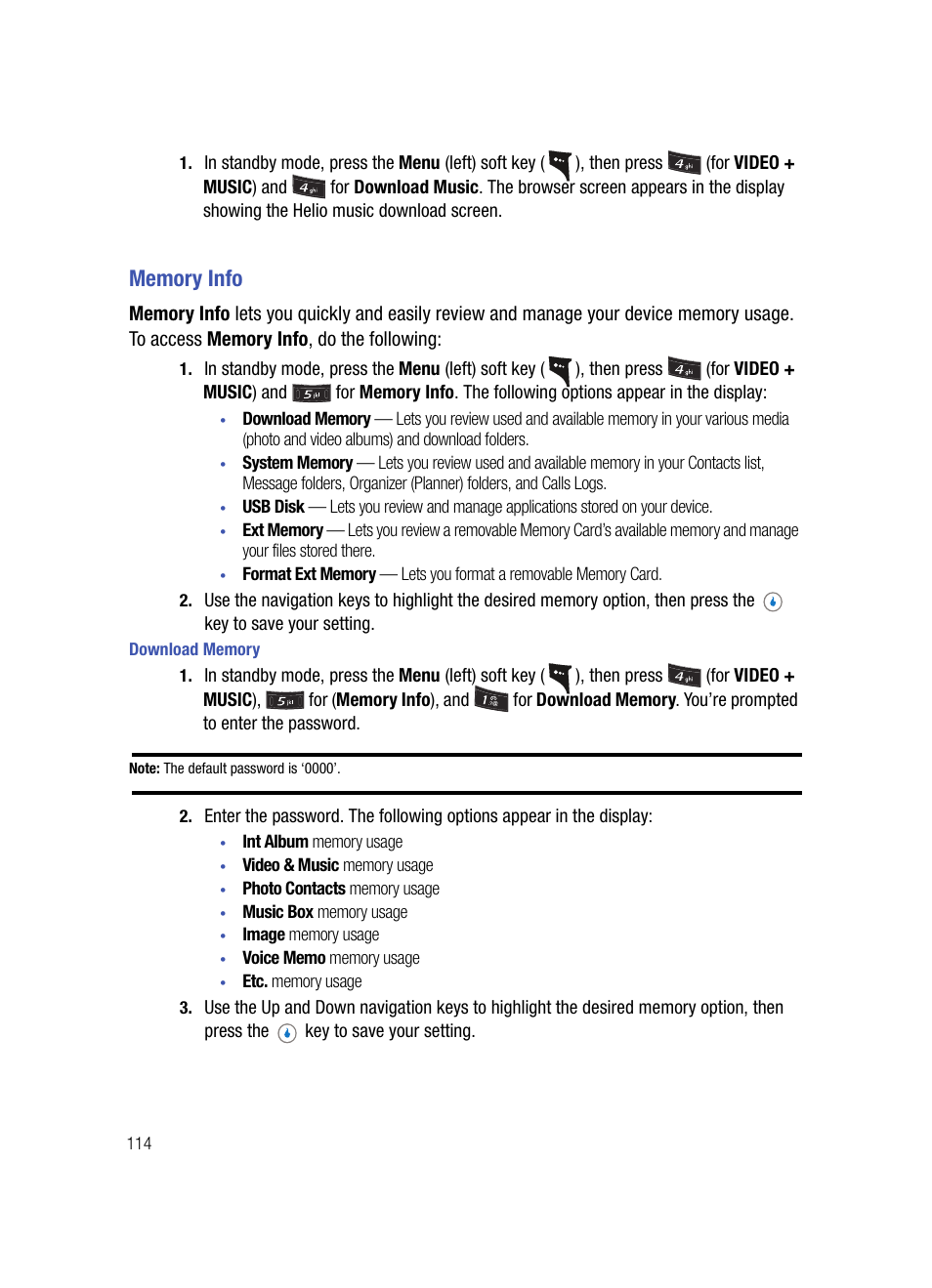 Memory info, Download memory | Samsung SPH-A503ZKASKE User Manual | Page 114 / 176