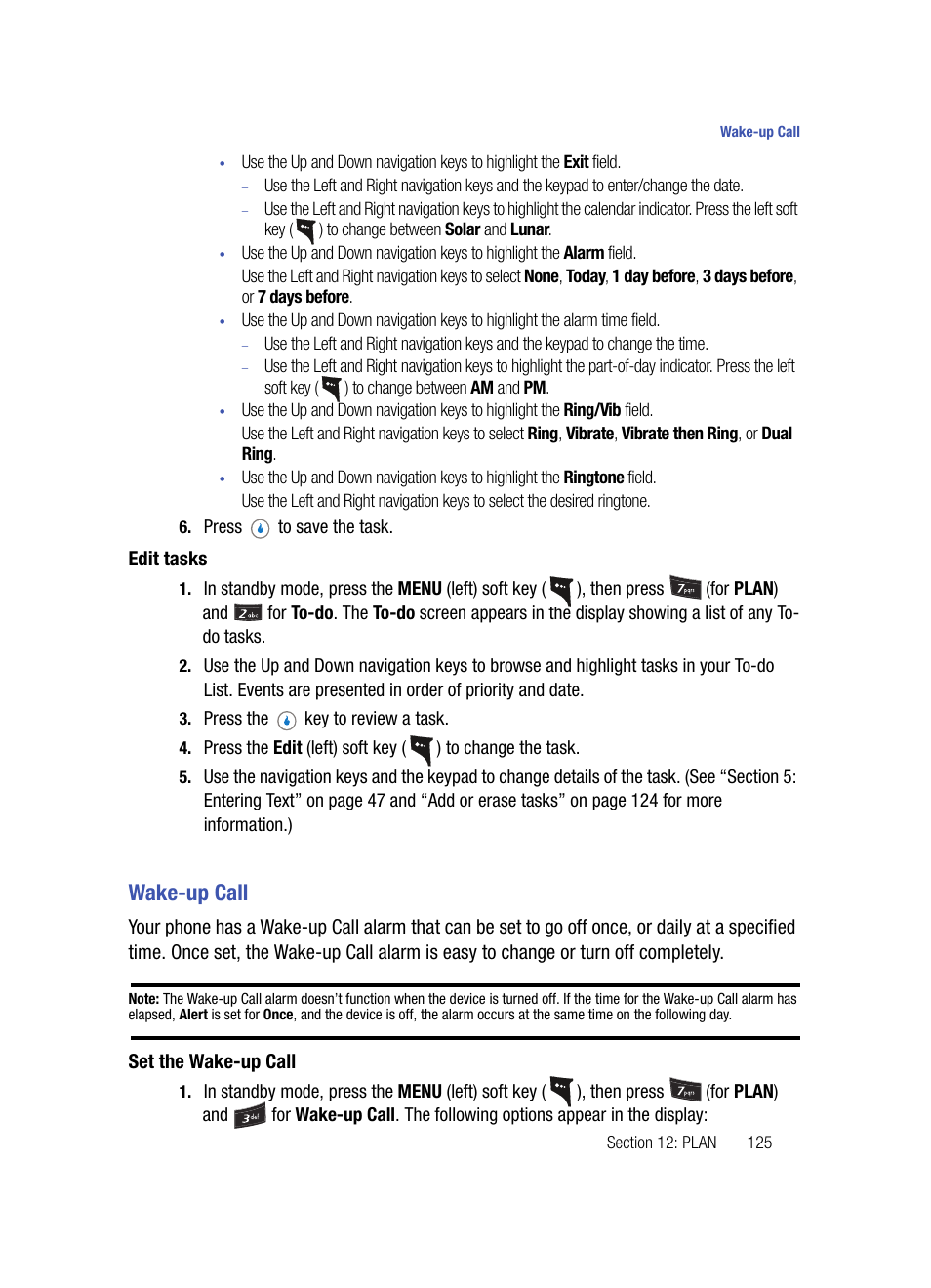 Edit tasks, Wake-up call, Set the wake-up call | Samsung SPH-A503ZKASKE User Manual | Page 125 / 176