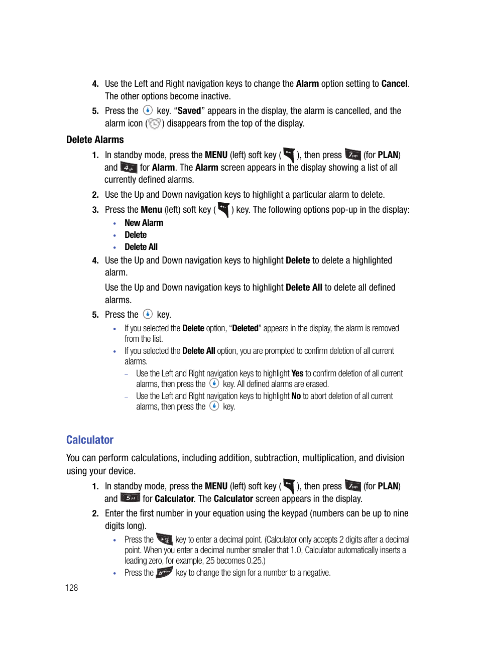 Delete alarms, Calculator | Samsung SPH-A503ZKASKE User Manual | Page 128 / 176