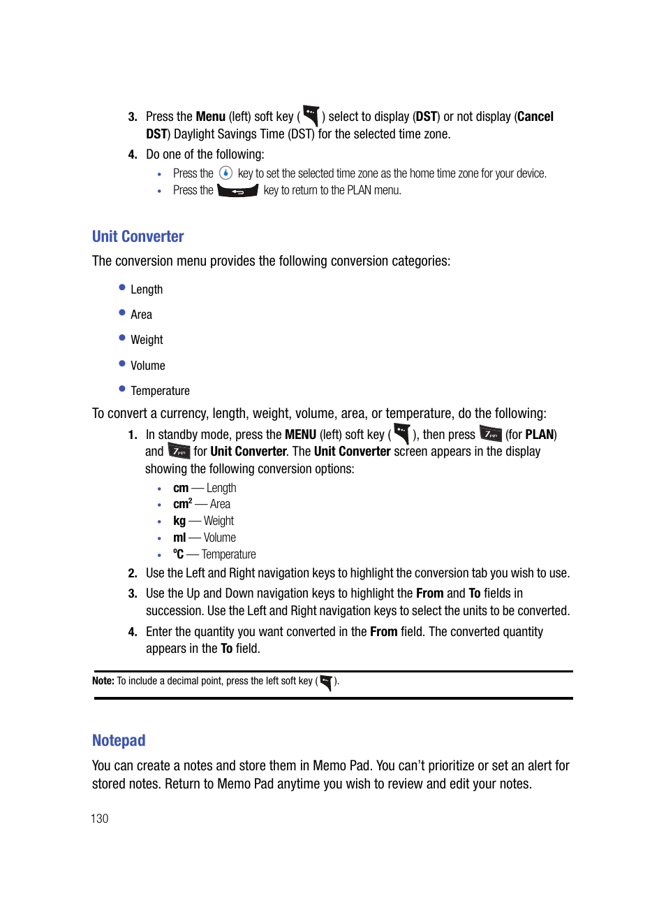 Unit converter, Notepad, Unit converter notepad | Samsung SPH-A503ZKASKE User Manual | Page 130 / 176