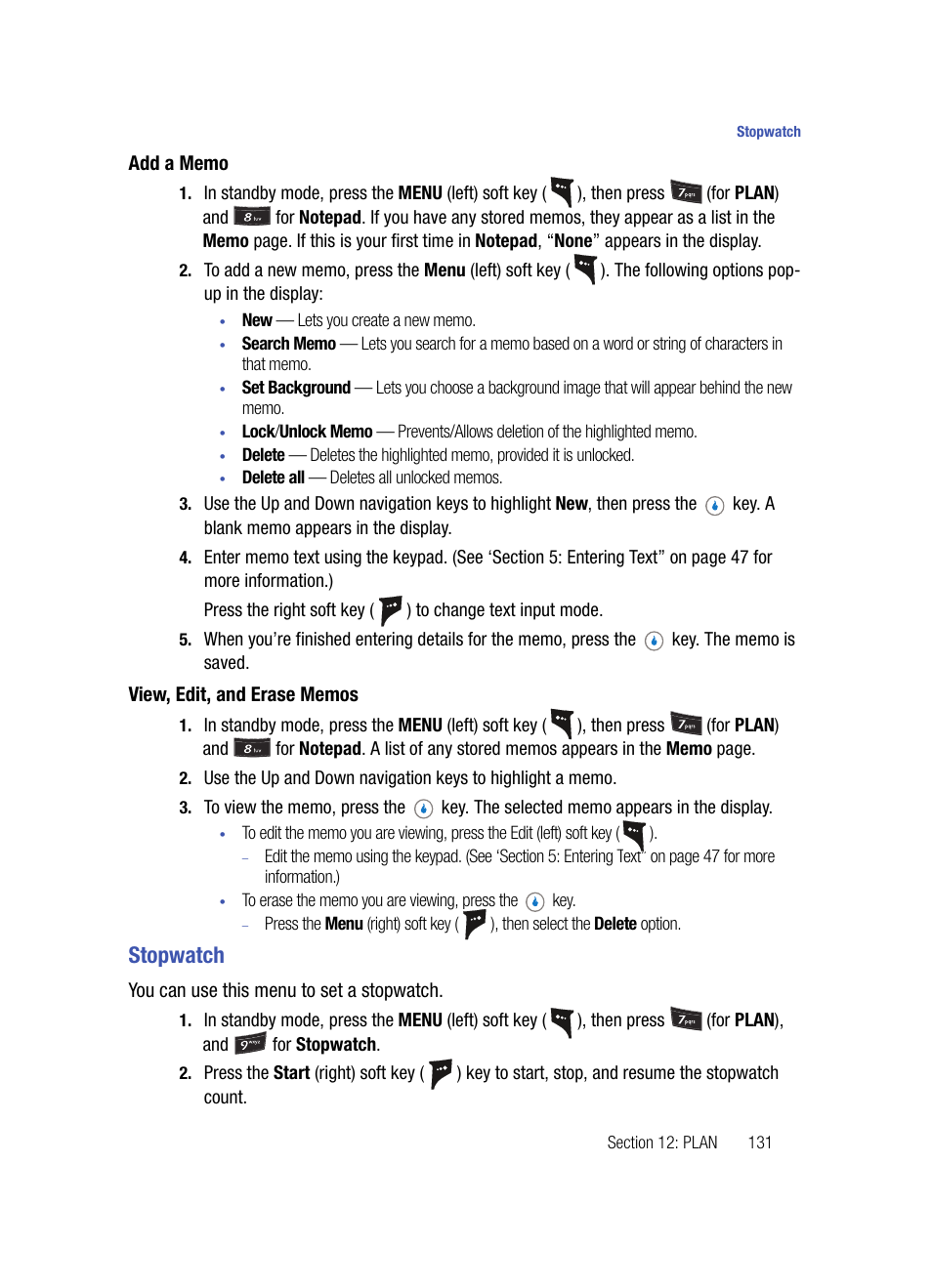 Add a memo, View, edit, and erase memos, Stopwatch | Samsung SPH-A503ZKASKE User Manual | Page 131 / 176