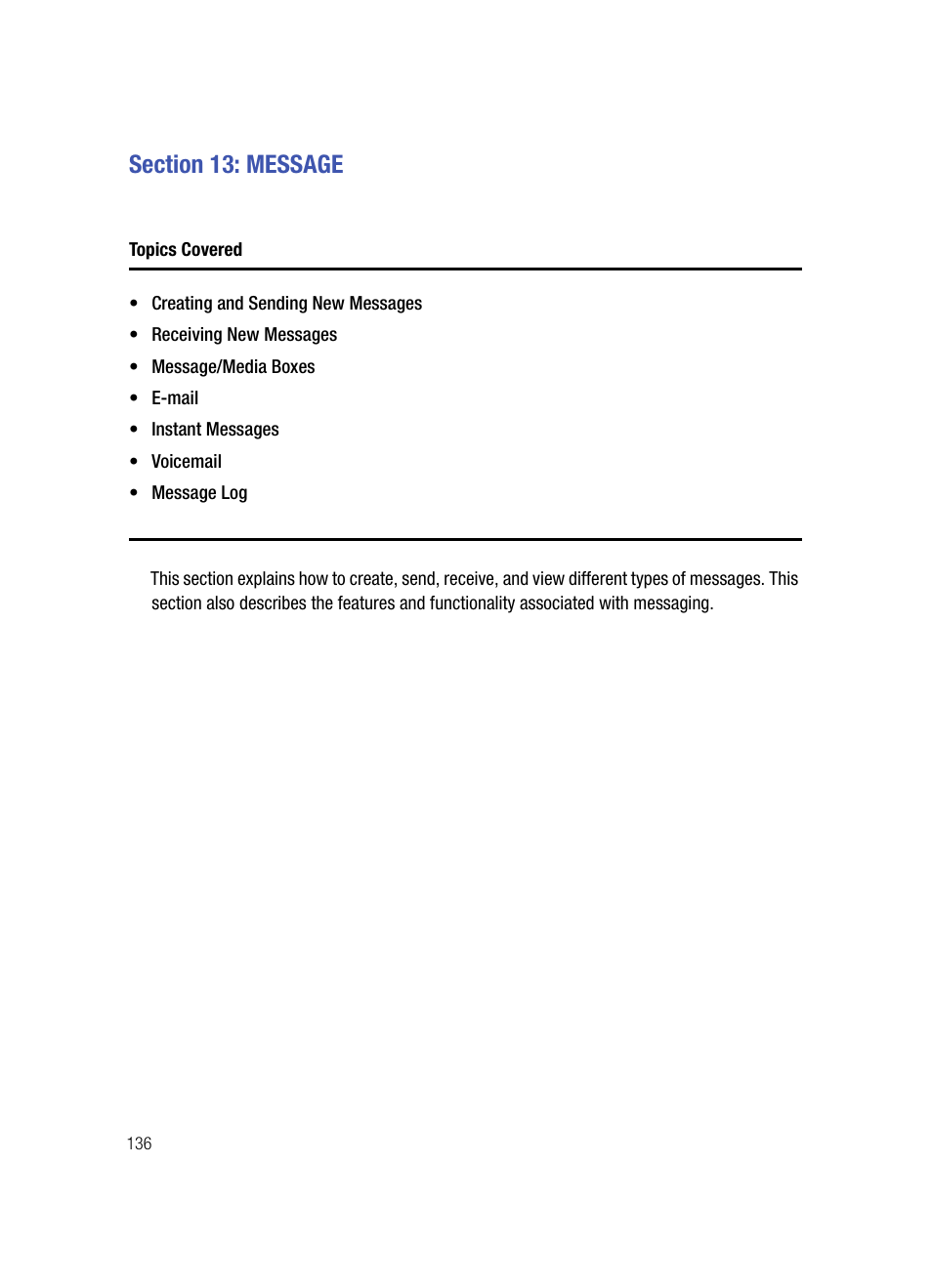 Section 13: message, Topics covered | Samsung SPH-A503ZKASKE User Manual | Page 136 / 176