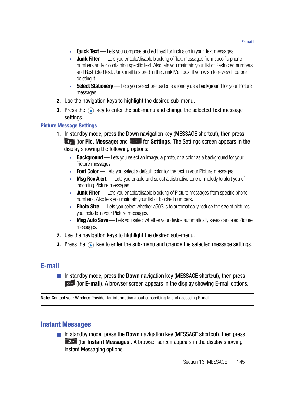 Picture message settings, E-mail, Instant messages | E-mail instant messages | Samsung SPH-A503ZKASKE User Manual | Page 145 / 176