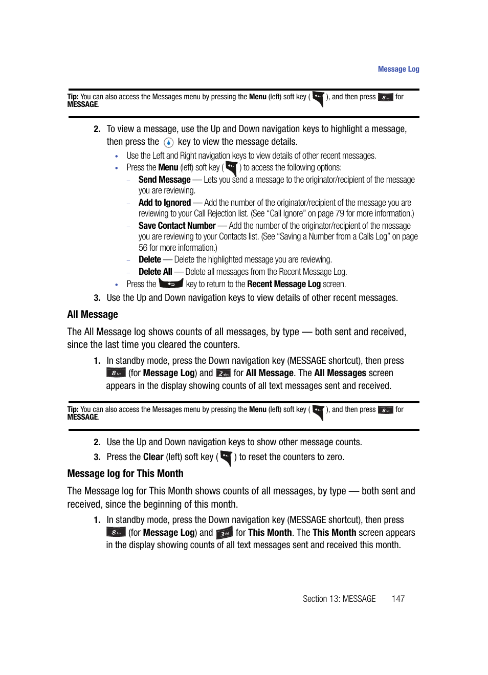 All message, Message log for this month | Samsung SPH-A503ZKASKE User Manual | Page 147 / 176
