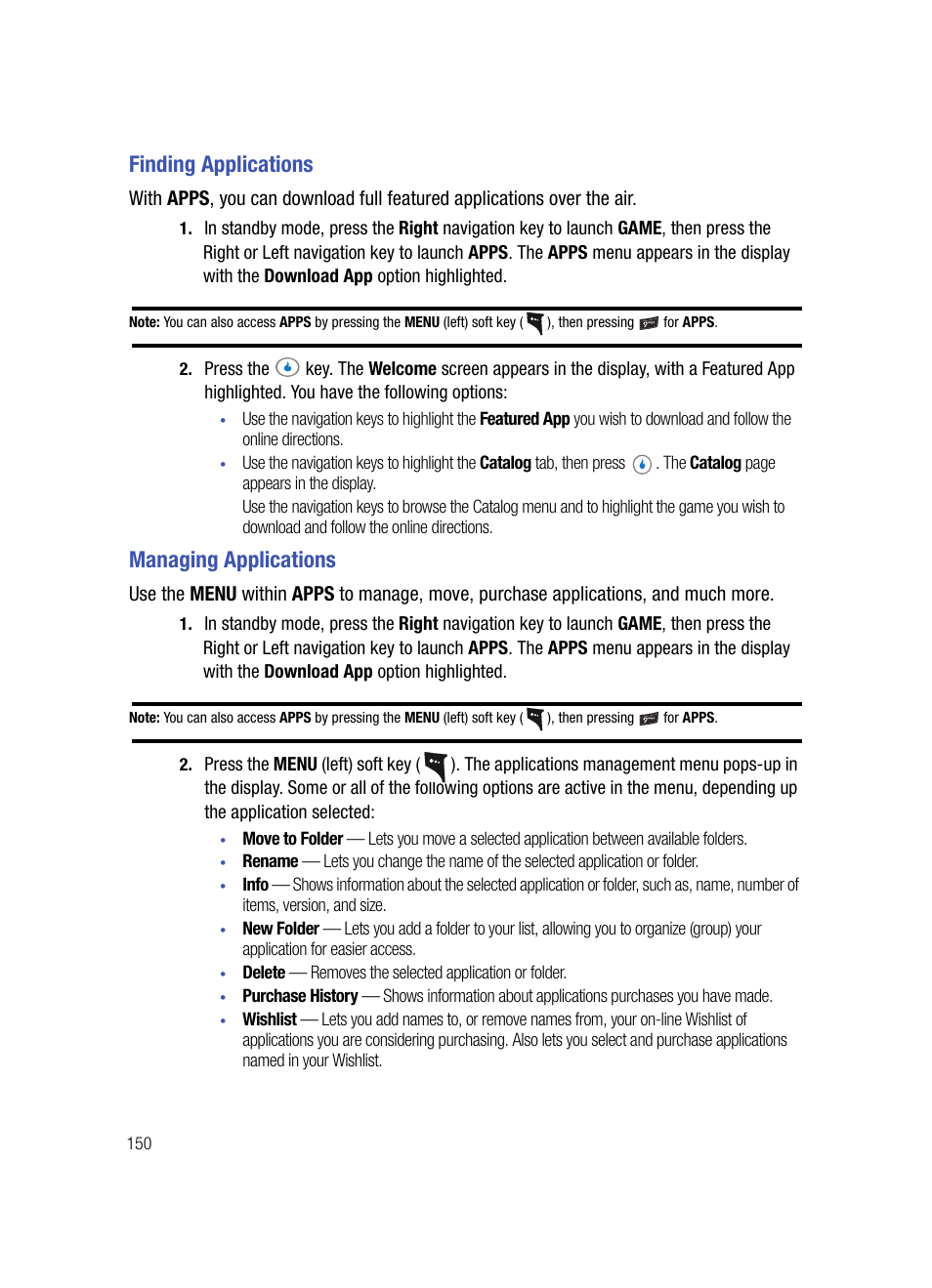 Finding applications, Managing applications, Finding applications managing applications | Samsung SPH-A503ZKASKE User Manual | Page 150 / 176