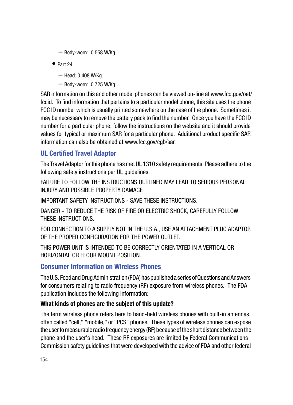 Ul certified travel adaptor, Consumer information on wireless phones | Samsung SPH-A503ZKASKE User Manual | Page 154 / 176