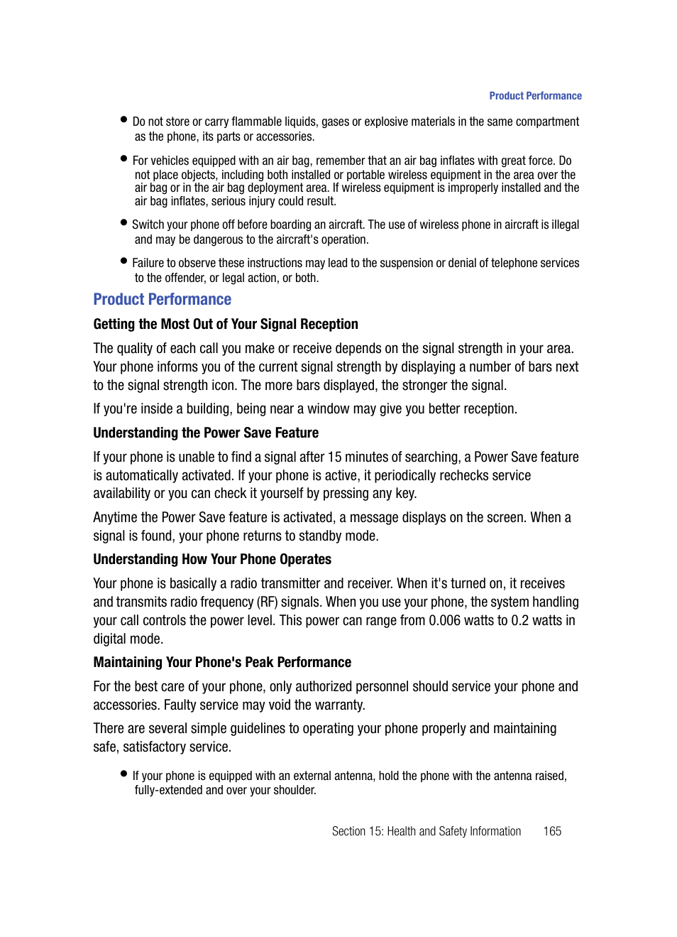 Product performance, Getting the most out of your signal reception, Understanding the power save feature | Understanding how your phone operates, Maintaining your phone's peak performance | Samsung SPH-A503ZKASKE User Manual | Page 165 / 176