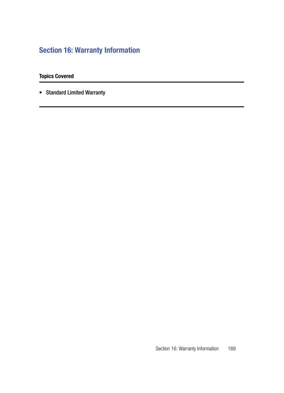 Section 16: warranty information, Topics covered | Samsung SPH-A503ZKASKE User Manual | Page 169 / 176