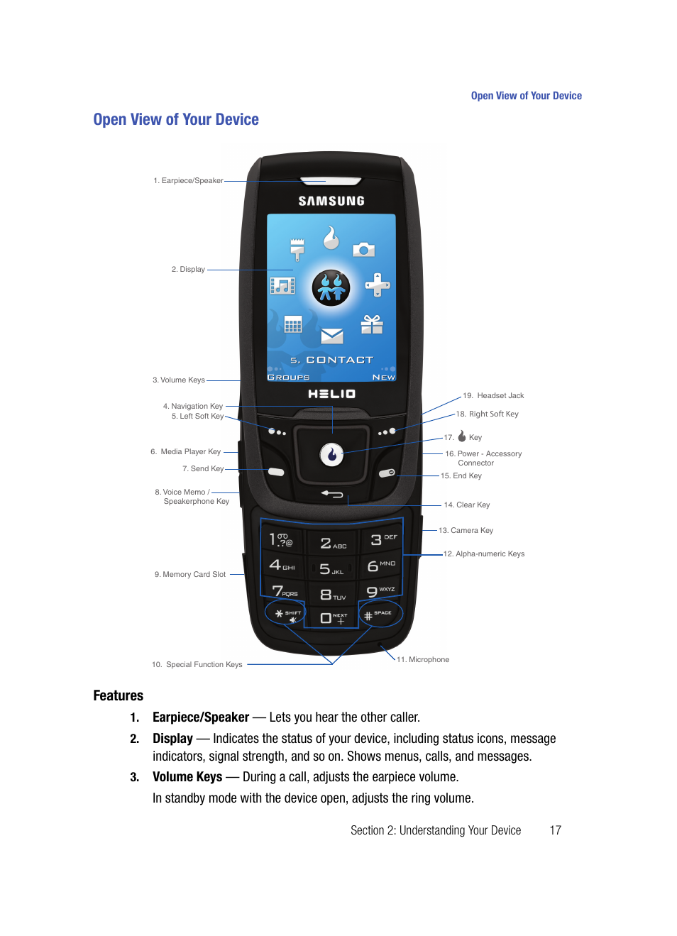 Open view of your device, Features, Earpiece/speaker — lets you hear the other caller | Samsung SPH-A503ZKASKE User Manual | Page 17 / 176