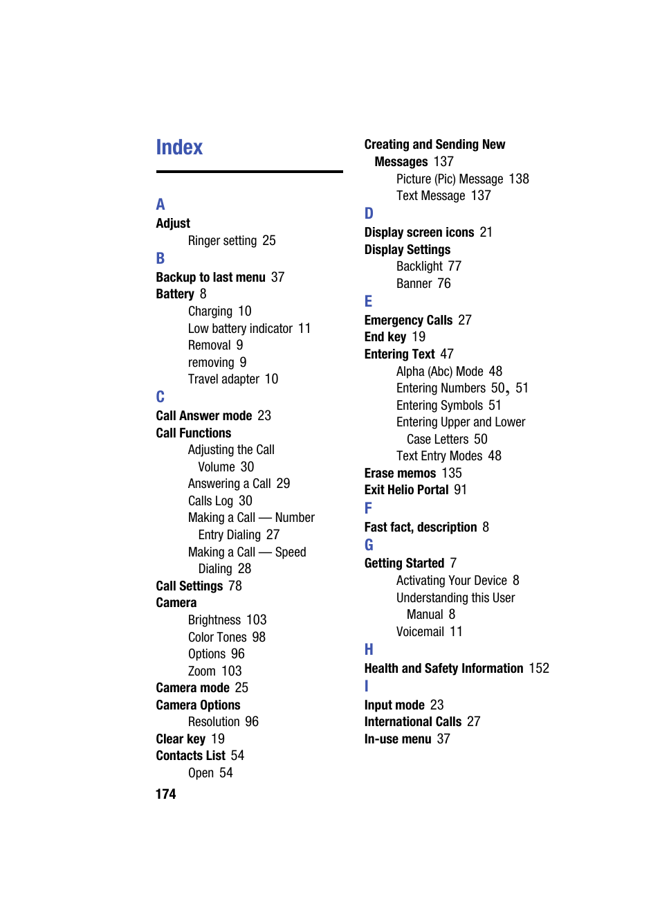 Index | Samsung SPH-A503ZKASKE User Manual | Page 174 / 176