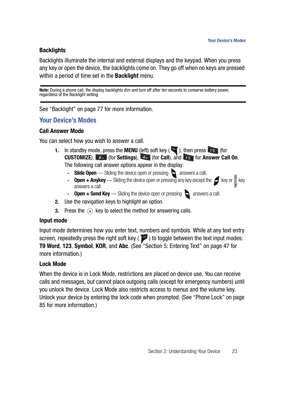 Backlights, Your device’s modes, Call answer mode | Input mode, Lock mode | Samsung SPH-A503ZKASKE User Manual | Page 23 / 176