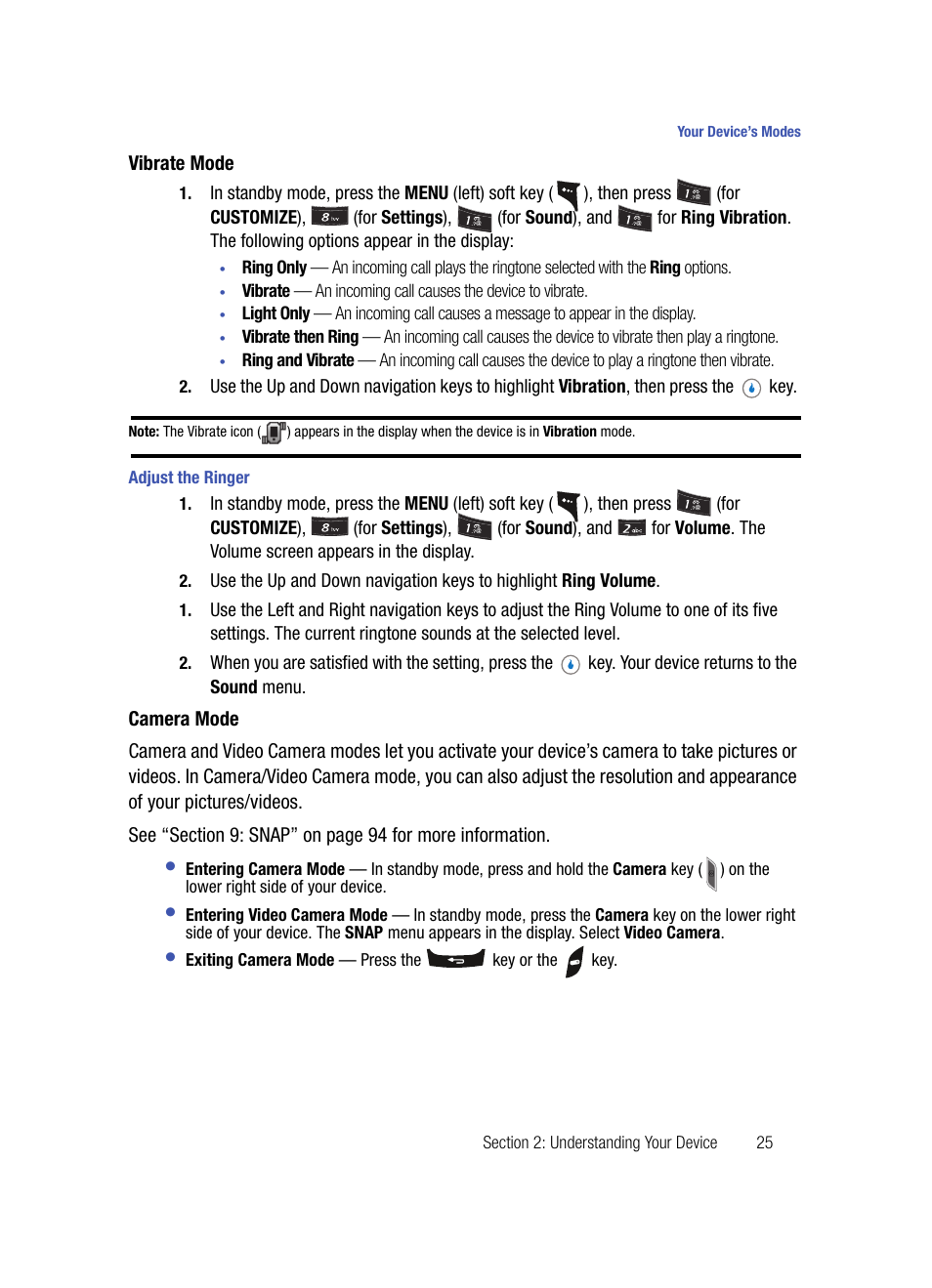 Vibrate mode, Adjust the ringer, Camera mode | Samsung SPH-A503ZKASKE User Manual | Page 25 / 176