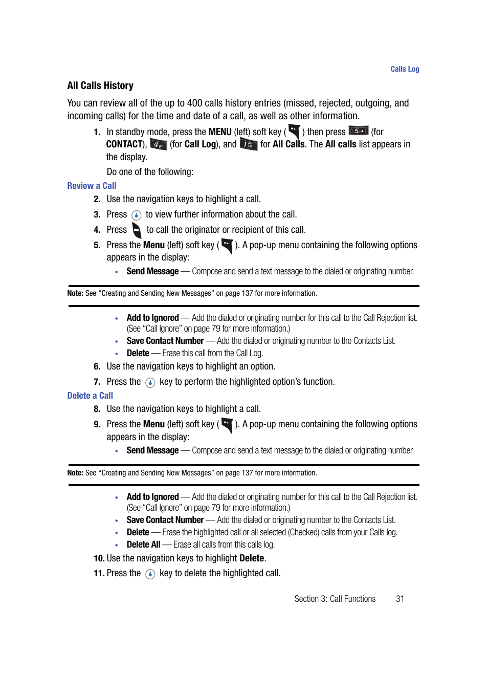 All calls history, Review a call, Delete a call | Samsung SPH-A503ZKASKE User Manual | Page 31 / 176