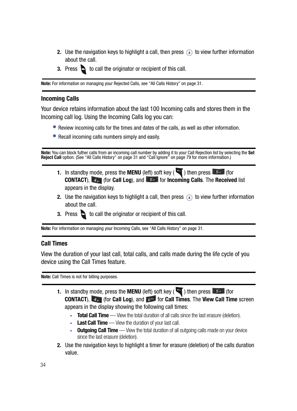 Incoming calls, Call times | Samsung SPH-A503ZKASKE User Manual | Page 34 / 176