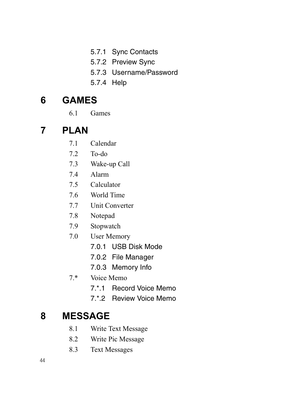 6games, 7plan, 8message | Samsung SPH-A503ZKASKE User Manual | Page 44 / 176