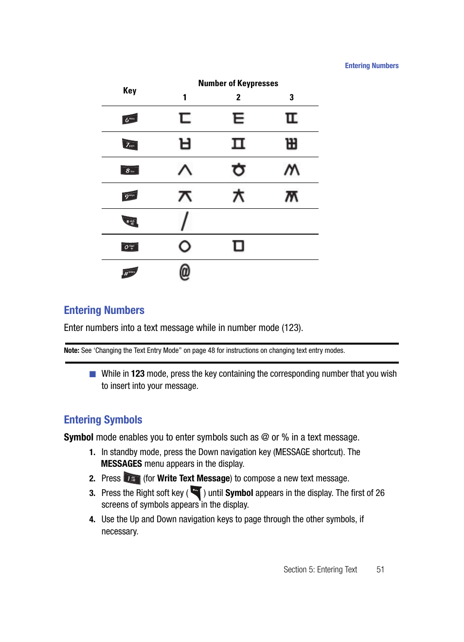 Entering numbers, Entering symbols, Entering numbers entering symbols | Samsung SPH-A503ZKASKE User Manual | Page 51 / 176