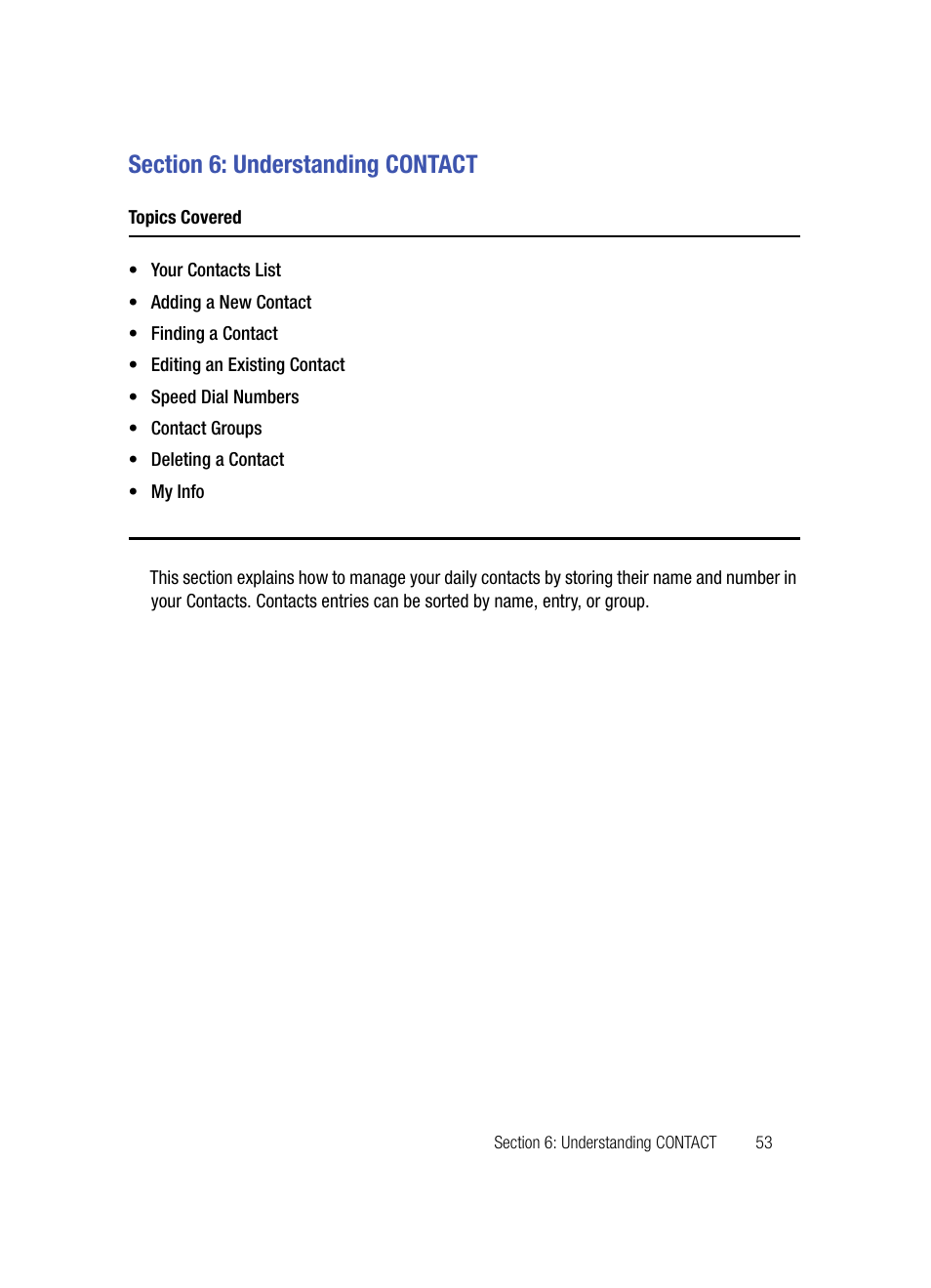 Section 6: understanding contact, Topics covered | Samsung SPH-A503ZKASKE User Manual | Page 53 / 176