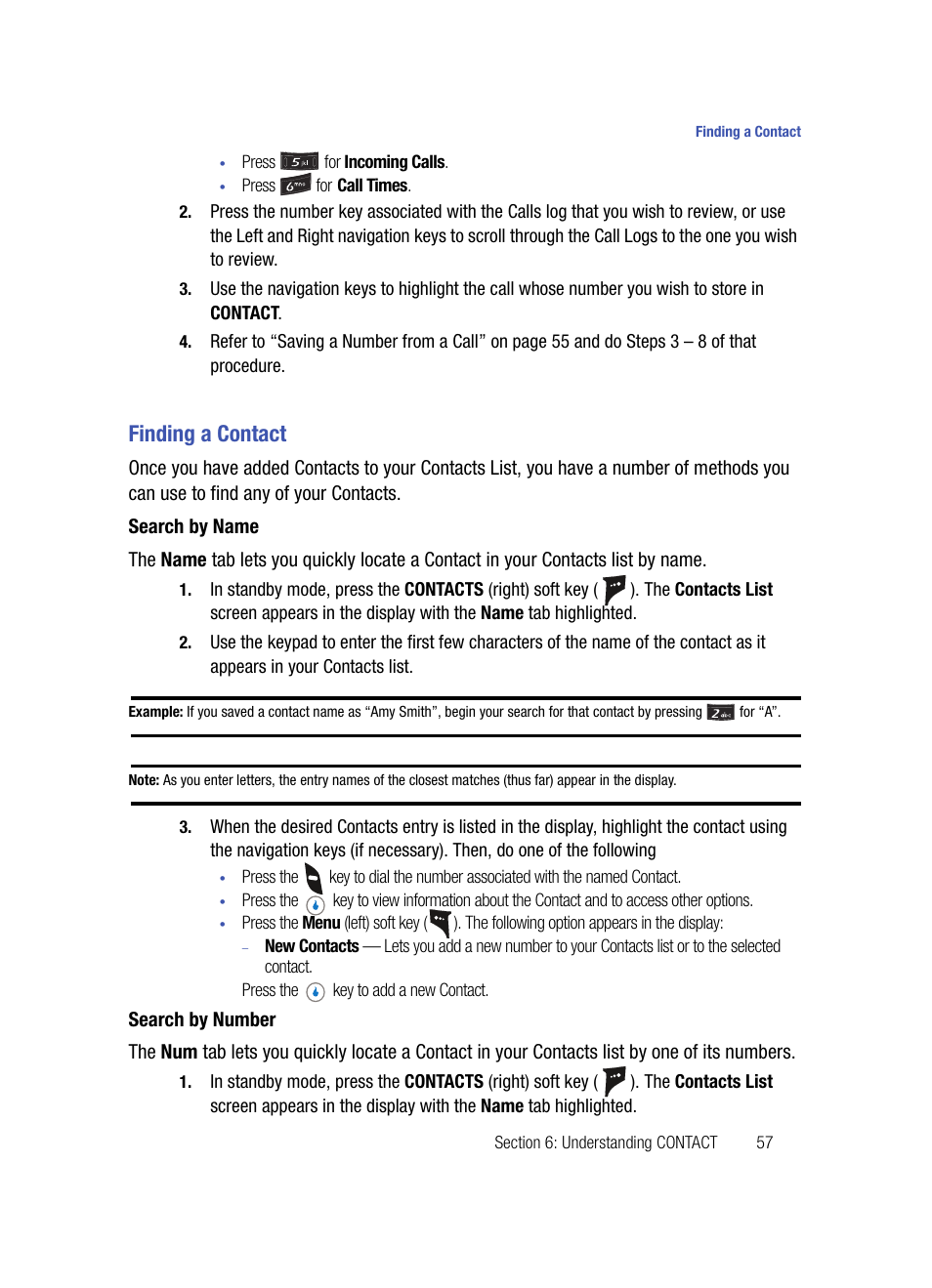 Finding a contact, Search by name, Search by number | Samsung SPH-A503ZKASKE User Manual | Page 57 / 176