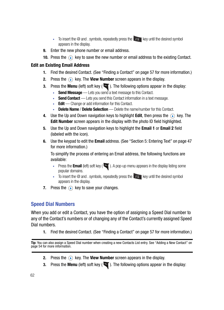 Edit an existing email address, Speed dial numbers | Samsung SPH-A503ZKASKE User Manual | Page 62 / 176