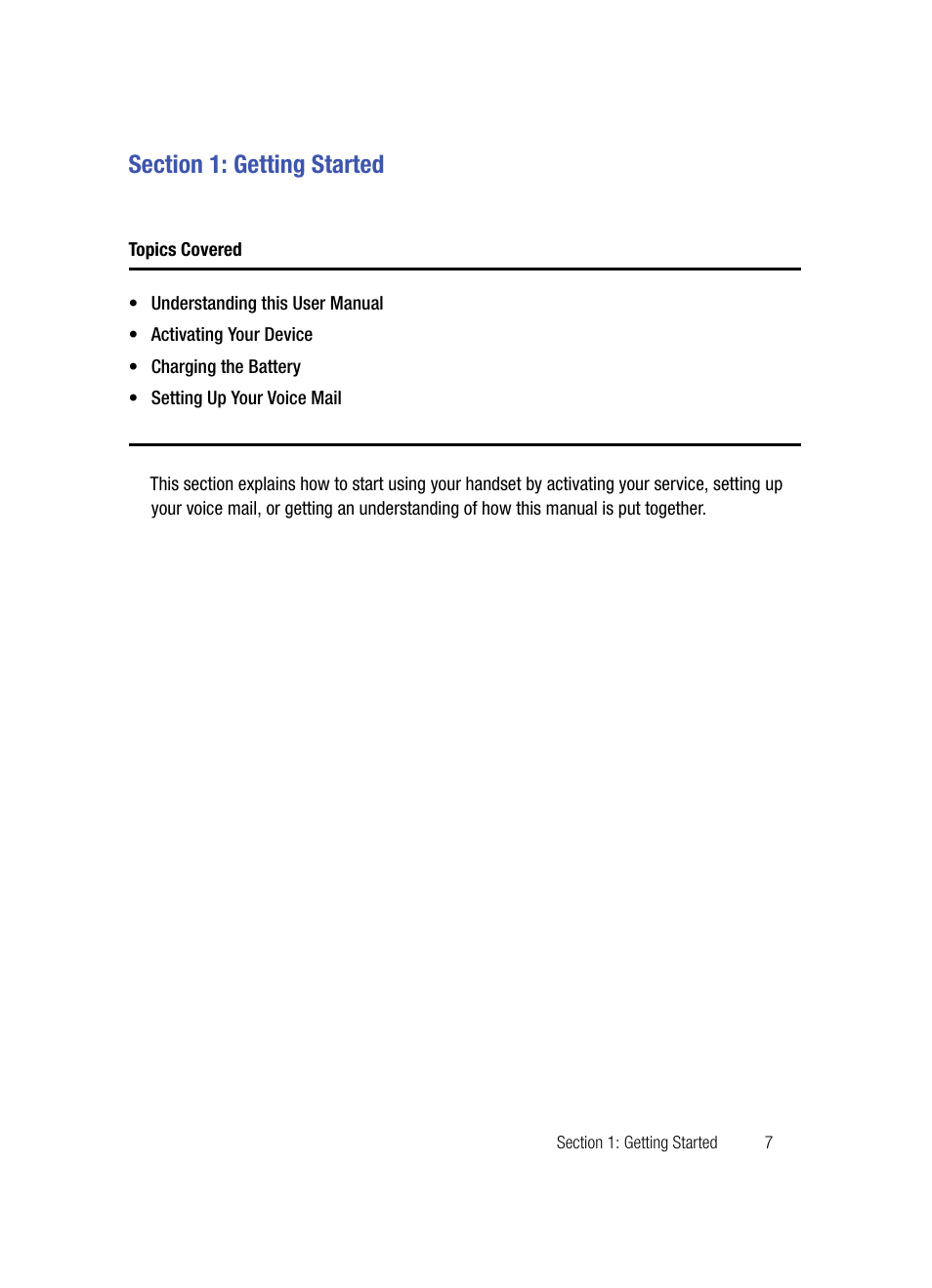 Section 1: getting started, Topics covered | Samsung SPH-A503ZKASKE User Manual | Page 7 / 176