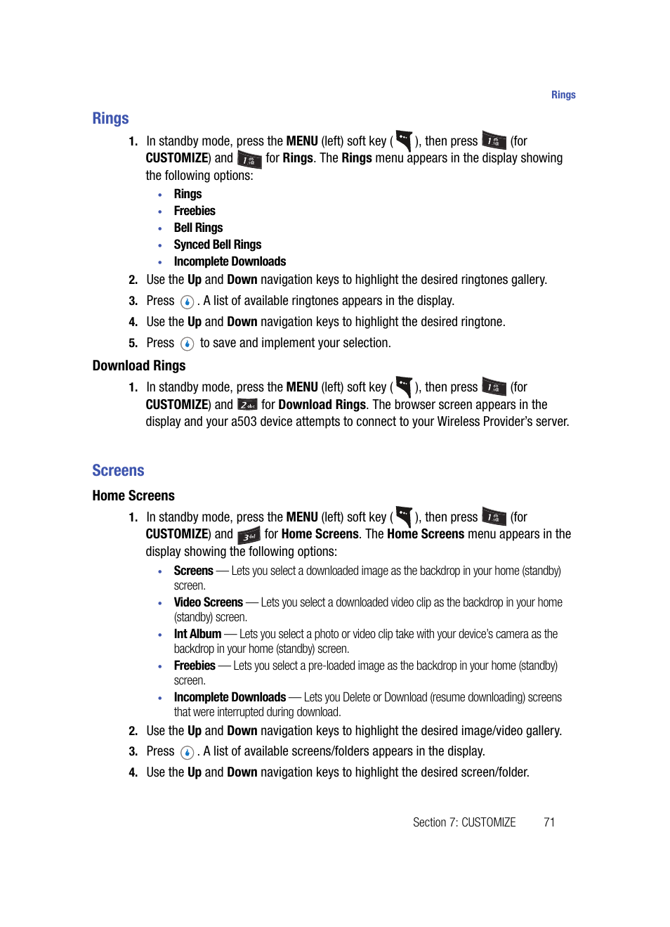 Rings, Download rings, Screens | Home screens, Rings screens, See “rings | Samsung SPH-A503ZKASKE User Manual | Page 71 / 176